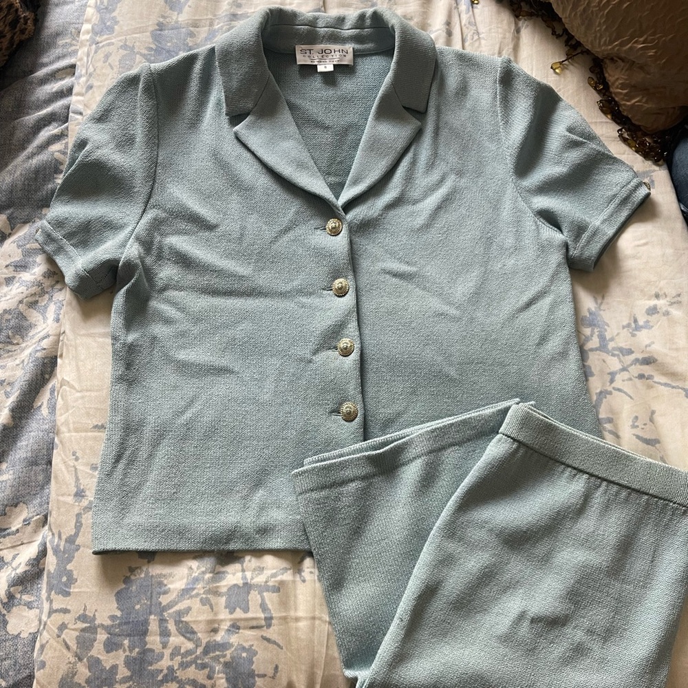 St. John Sage Knit Button-Up Top and Skirt Suit Set